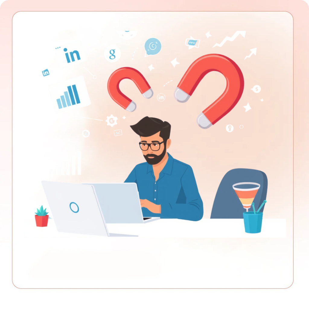 Illustration of a man working on a laptop with LinkedIn and SEO icons around, and red magnets attracting digital marketing elements.