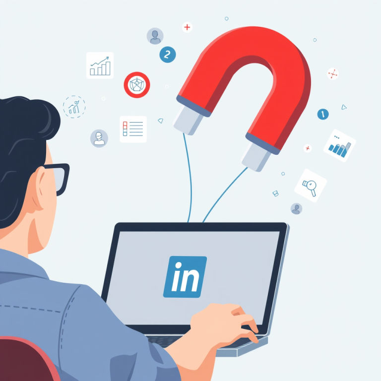 Flat vector illustration of a person using LinkedIn on a laptop with a red magnet pulling SEO and lead generation icons.